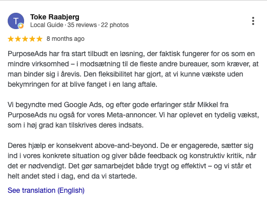 Google-anmeldelse af PurposeAds